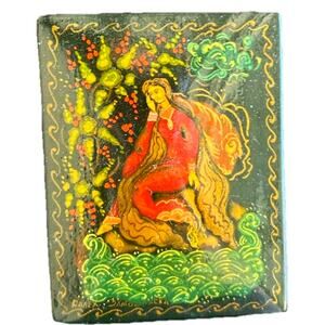VTG Russian Fairy Tale Miniature Palekh Lacquer Box Mermaid Woman Signed Water